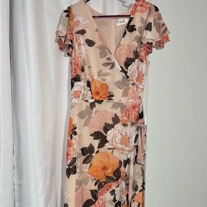 Eliza J Floral Faux Wrap Tie Waist Flutter Sleeve V-Neck Ruffle Front Maxi Dress